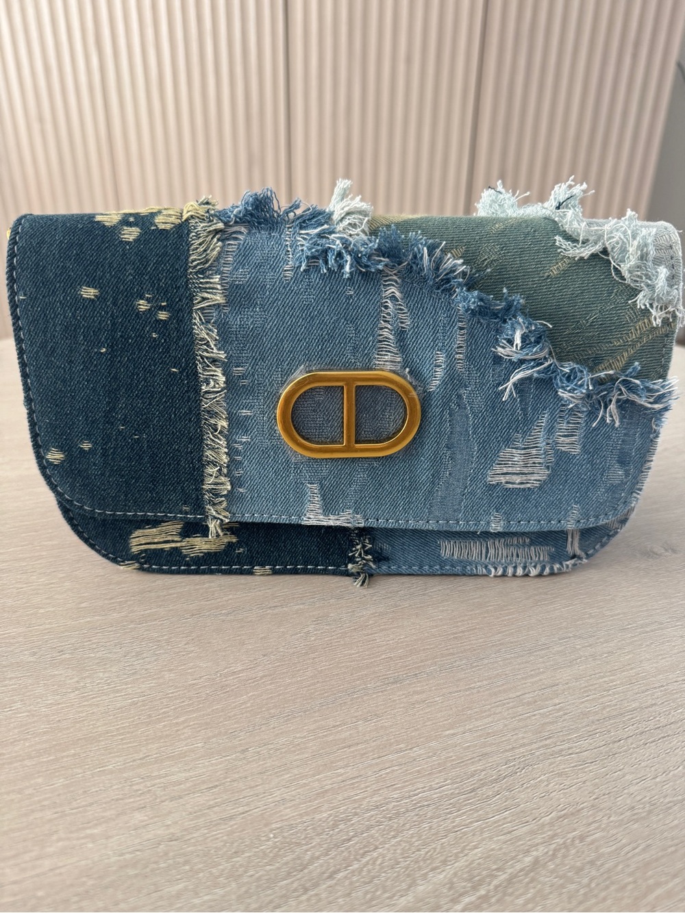 Denim Patchwork Shoulder Bag with Gold-Tone Logo Accent